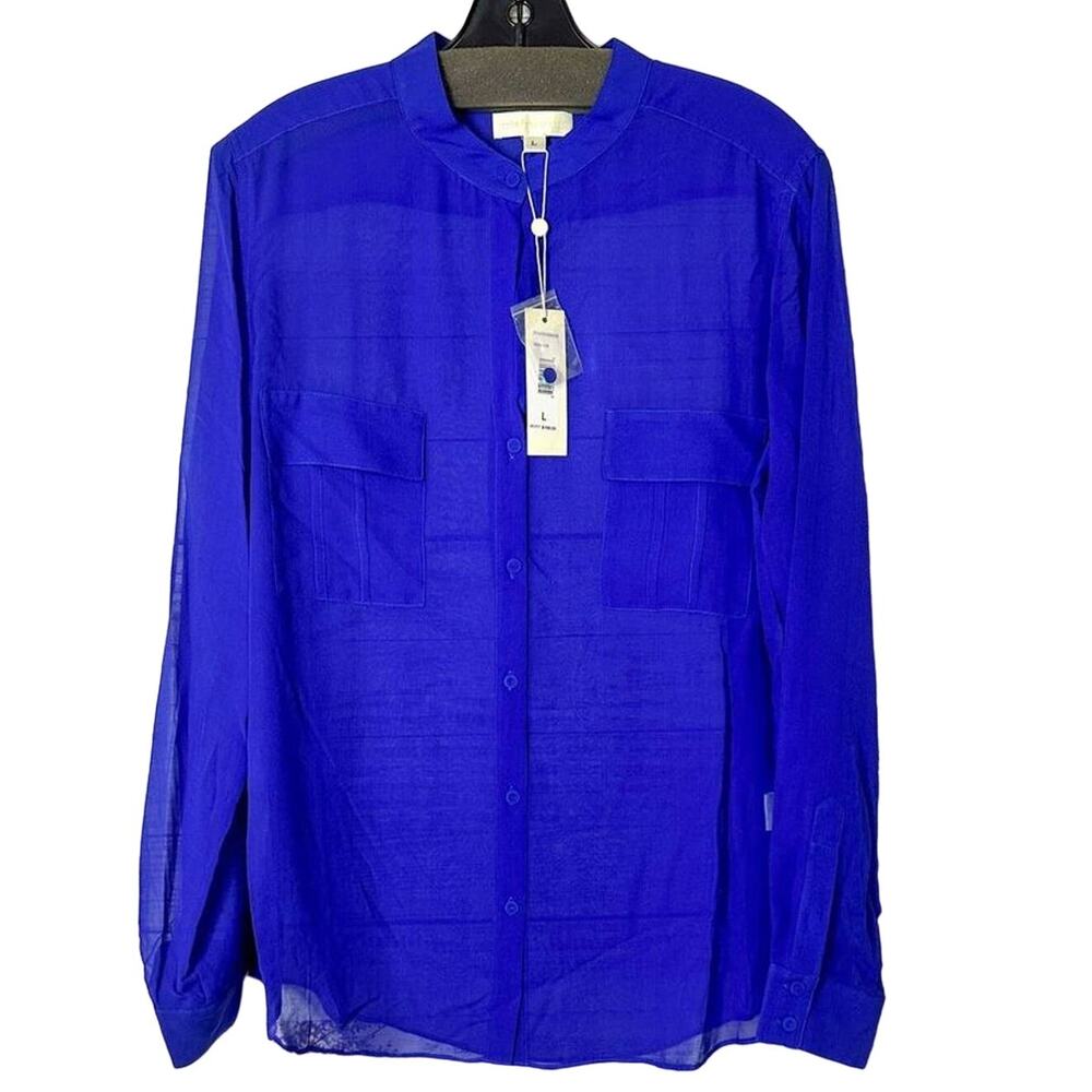 NEW w Tags Erin Fetherston 100% Silk Chiffon Sheer Button-Up Shirt Blue Large